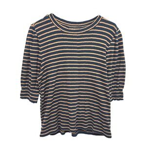 Lucky Brand Striped Ribbed Knit Top L Navy Brown Modern Vintage Fall Chic